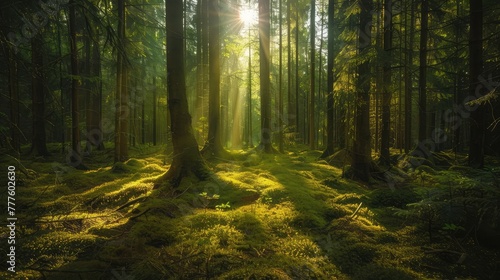 Sunlight filtering through the canopy of a dense forest, casting a warm glow on the moss-covered ground below.