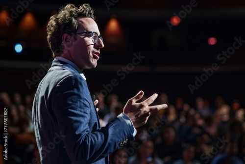A Caucasian male public speaker standing talking with a mic among the crowd, presentation photo