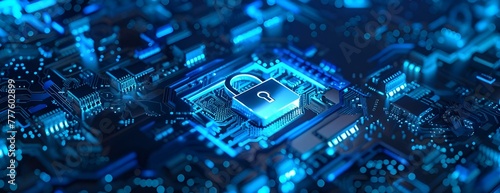 A digital padlock surrounded by holographic elements representing data security, set against an abstract circuit board background with glowing electronic components. 