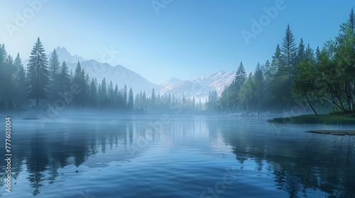 A peaceful lake with large , and a thin mist rising from the surface. At dawn, under the clear blue sky, the forest is surrounded by trees © paisorn