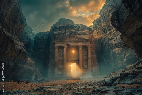 Majestic Ancient Temple Entrance in Rocky Landscape photo