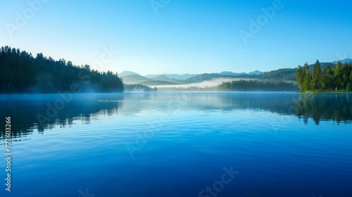 A peaceful lake with large   and a thin mist rising from the surface. At dawn  under the clear blue sky  the forest is surrounded by trees