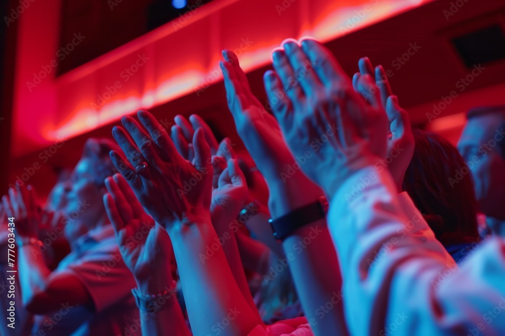 Close up photo of people clapping hands in a theatre  - obrazy, fototapety, plakaty 