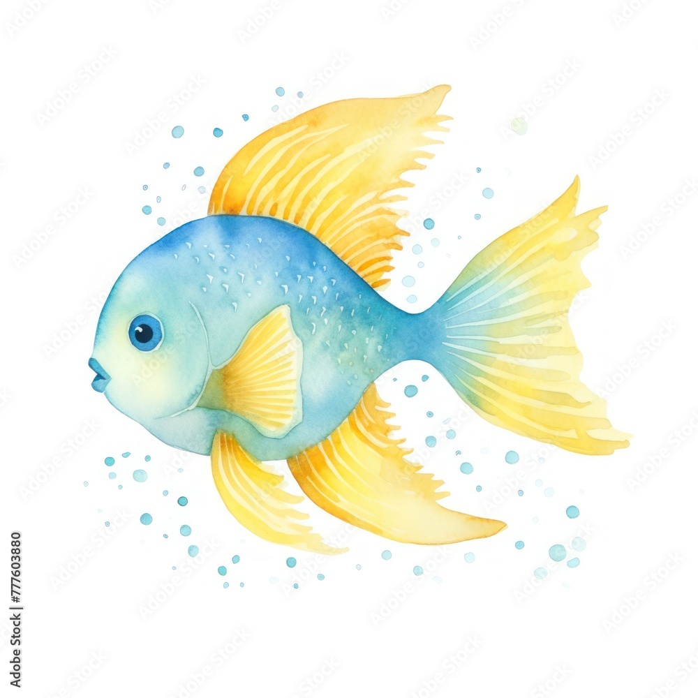 Fototapeta premium Colorful watercolor drawing of a blue sea fish with yellow fins on a white background.