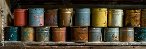 A row of old, multicolored metal tin cans with peeling paint and rust, displayed on a wooden shelf