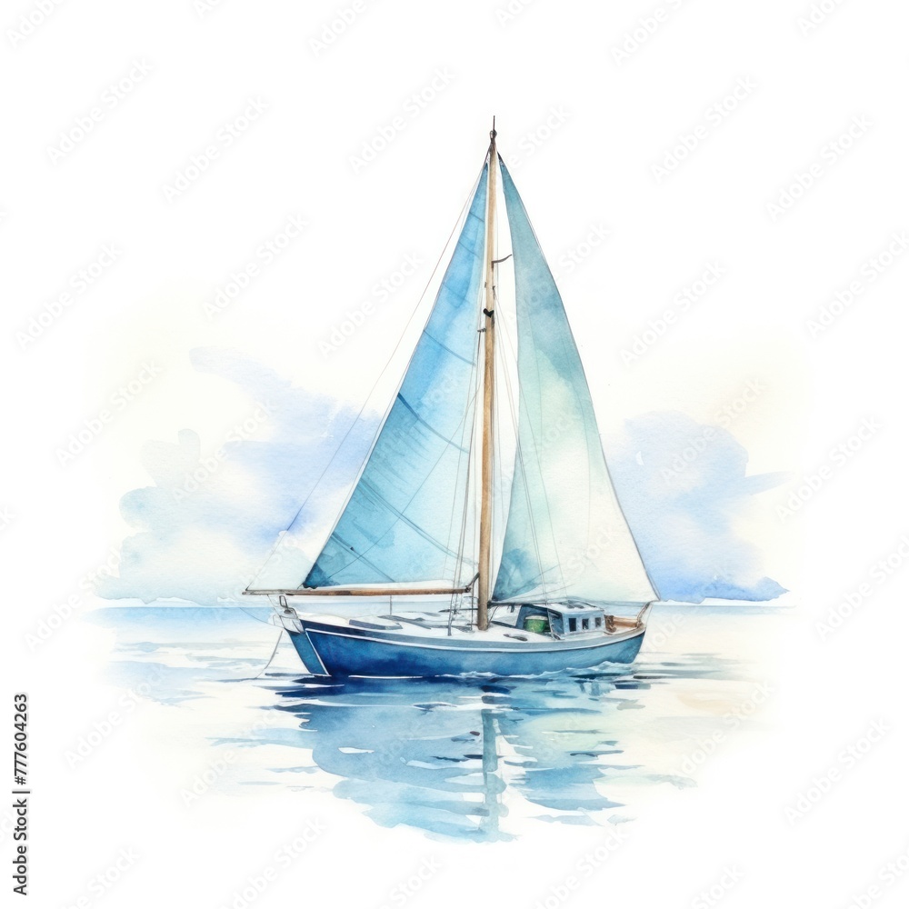 Sea watercolor depicting a blue sailboat against a background of blue sky and sea surface.