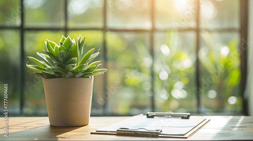 The clipboard with the succulent plant positioned near a window, with natural light streaming in. photo