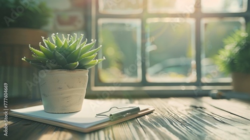 The clipboard with the succulent plant positioned near a window photo