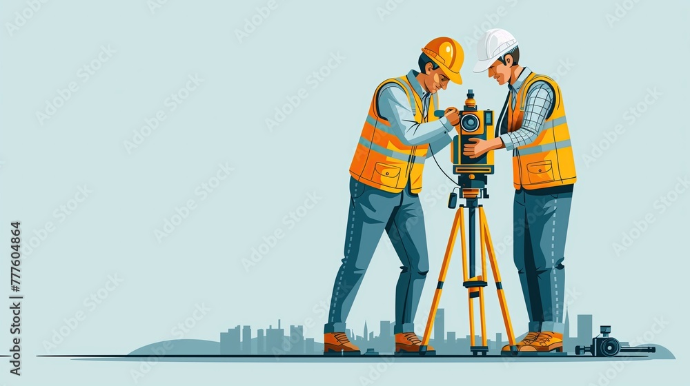 Construction engineer looking at the theodolite at a large construction site with many machines.