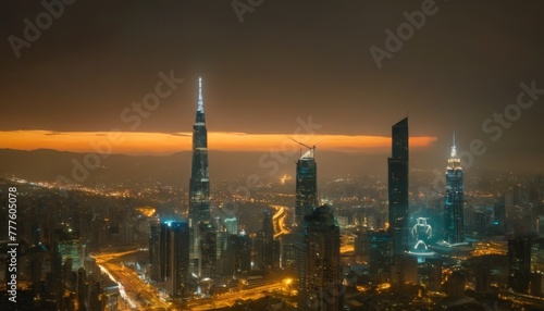 A breathtaking cityscape under twilight, showcasing glowing skyscrapers against a dramatic sky, reflecting the urban life's pulse