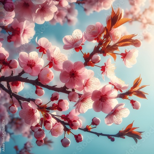 Beautiful blooming branch of cherry tree on blue sky background generated by ai