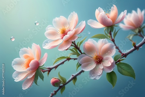 blooming pink peach flowers on a blue background