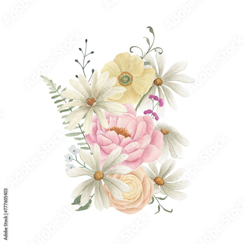 Watercolor flowers vintage print. Hand drawn floral isolated illustration on white background.