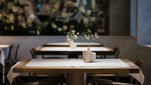 Display products on a wooden table in a restaurant with a blurred background. Concept Restaurant display, Wooden table, Blurred background, Product showcase