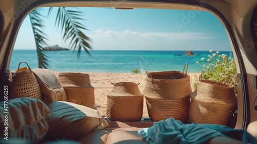 Car filled with beach bags overlooking the ocean