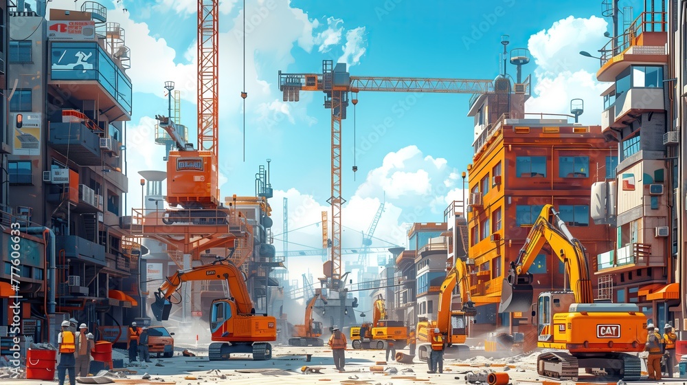 Large construction site with many construction workers. Including many machines working together