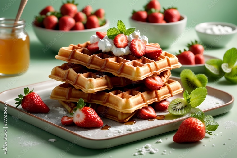 waffles with fresh strawberries, kiwi, cottage cheese in a plate