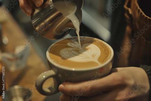 A person is pouring milk into a coffee cup with a heart design on it