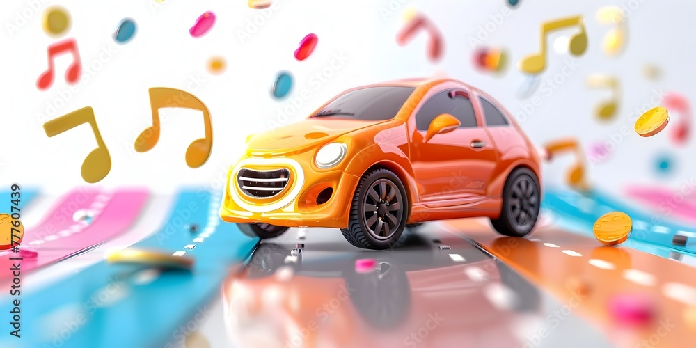 Naklejka premium A vibrant colorful toy car model is depicted as a stereo speaker system emitting a dynamic display of musical notes