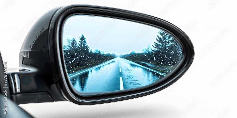 Rearview Mirror Reflection of Snowy Landscape Journey