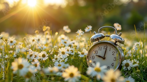 springtime awakening: time change with daylight saving transition, alarm clock on serene nature background with green grass and white flowers meadow, clock turn forward one hour in spring photo