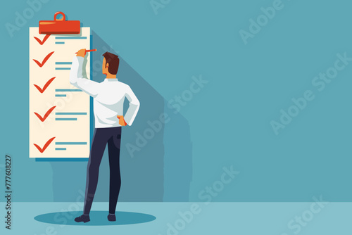 Meticulous businessman ticks off completed tasks on a checklist, executing a well-crafted business plan with precision and efficiency, a concept of successful implementation photo