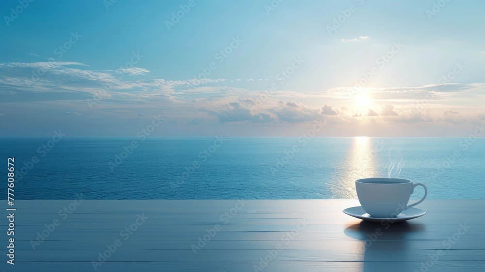 Coffee cup on table overlooking vast sea.
