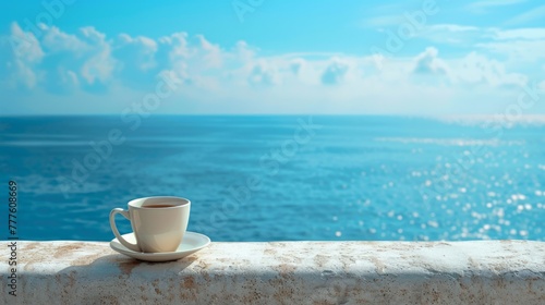 Coffee cup on balcony rail with ocean backdrop.