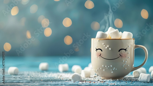 cute light smiling mug of coffee with marshmallows in kawaii style on a blue background and bokeh with copy space photo