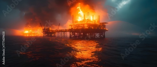 Oil rig explosion causes catastrophe fire and danger on industrial platform. Concept Industrial Accidents, Oil Rig Explosions, Fire Hazards, Workplace Safety, Emergency Response