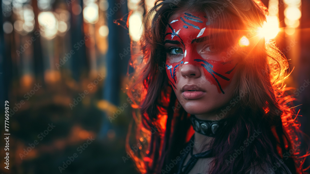 Mulher celta com pinturas vermelhas no rosto na floresta 