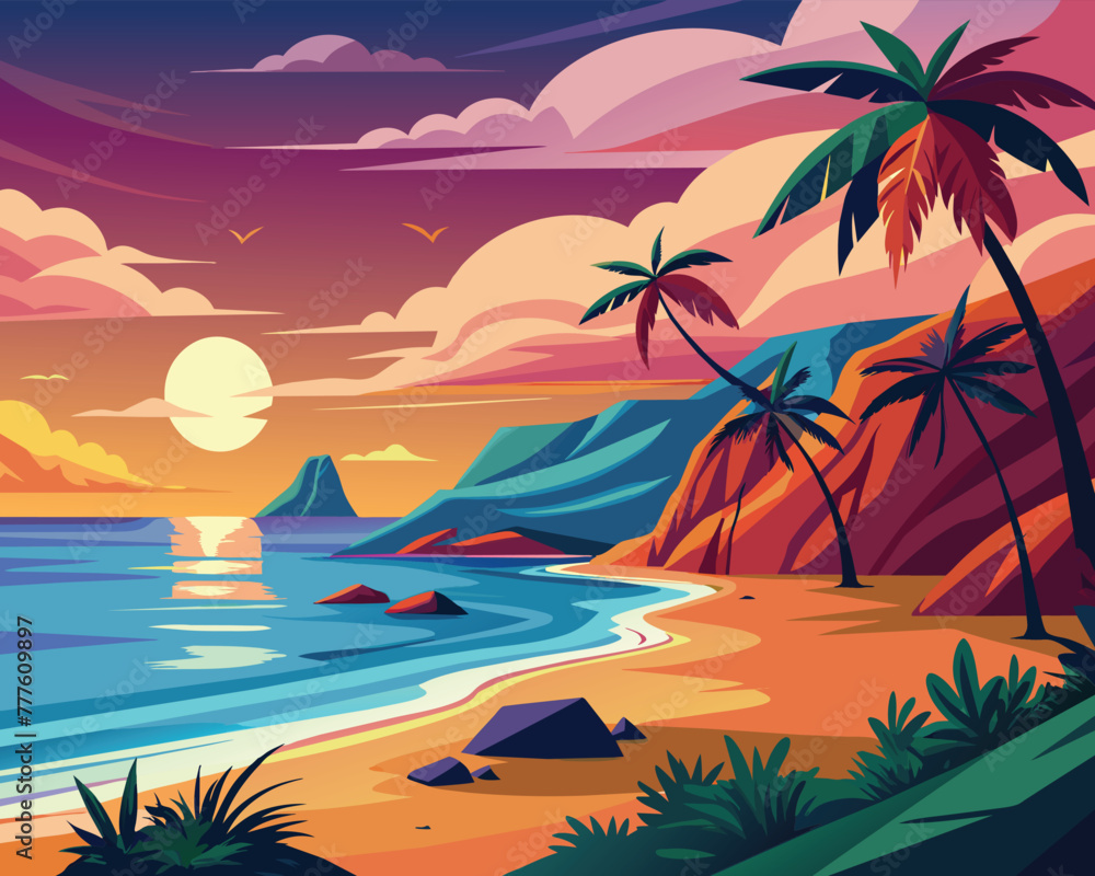 Drawing tropical beach summer abstract background vector illustration