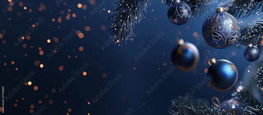 Dark blue background with hanging Christmas decorations wide banner for web site banner on dark blue background with copy space Generative AI