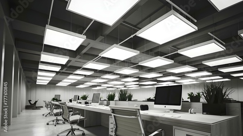 Modern square fluorescent lights in office ceiling sleek design details in interio. Concept Office Lighting, Modern Design, Sleek Interiors, Fluorescent Lights, Square Fixtures photo