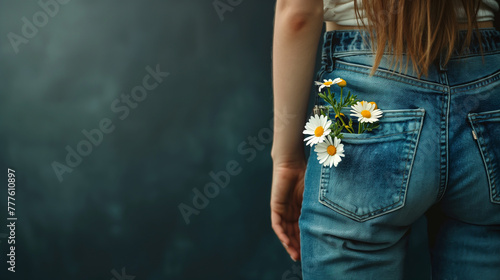Mulher com flores no bolso de traz da calça  photo