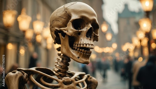 A whimsical portrayal of a human skeleton casually posed on a bustling city street, creating a stark juxtaposition between life and mortality. photo