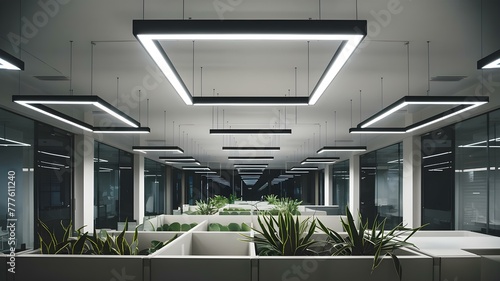 Sleek design details of modern square fluorescent lights in office ceiling interior. Concept Office Lighting, Modern Design, Square Fluorescent Lights, Sleek Details, Interior Decor photo