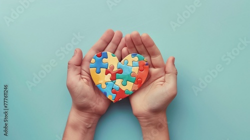 promoting unity and compassion, heartwarming image of adult and child hands united in puzzle heart for autism awareness against soft blue backdrop, fostering empathy and support