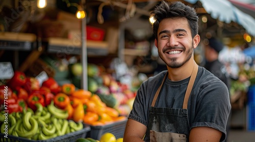 young man stands smiling at camera in modern farmers market shop, showcasing urban lifestyle