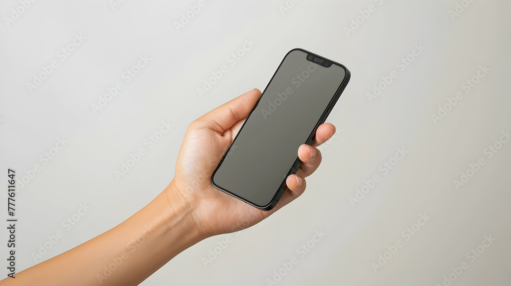 Mock-up phone in hand on a gray background close-up copy space Mock-up phone in hand on a gray background close-up copy space
