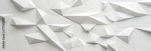 A stretched, pure white background, with a sequence of geometric forms including triangles and hexagons, arranged in a subtle, understated pattern