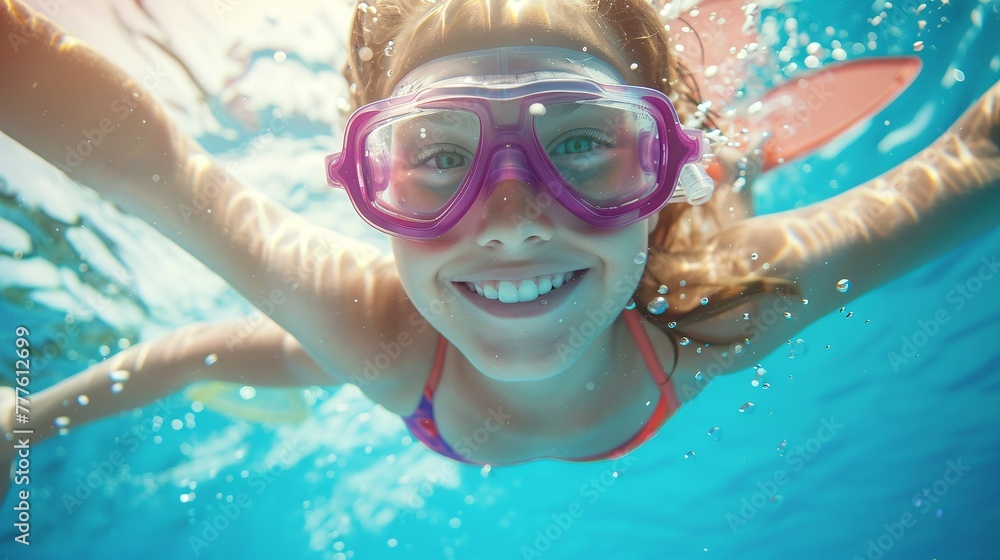 Fototapeta premium delighted kid girl swimming and diving in pool during summer vacation. active healthy lifestyle and aquatic adventures with child