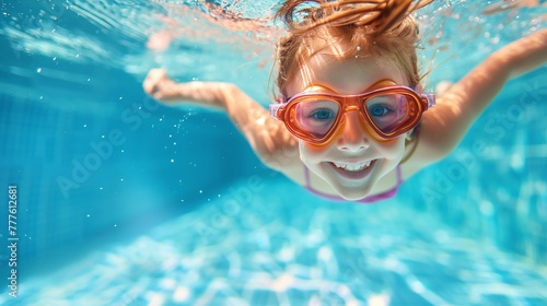 joyful girl kid learning to swim and dive underwater in pool. active lifestyle and swimming lessons for child on summer vacation