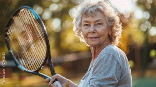 content senior woman takes pleasure in playing tennis as recreational activity during retirement © CinimaticWorks