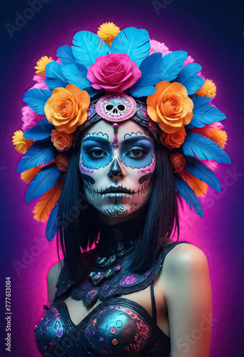 a woman with colorful makeup and flowers in her hair