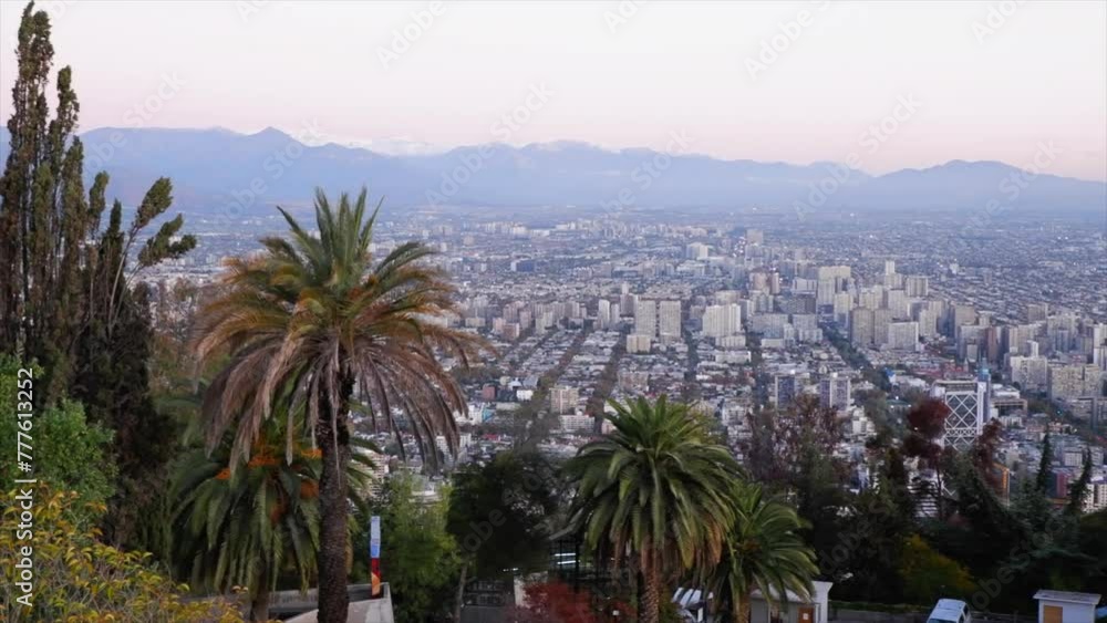 Pan across Santiago Chile city skyline from atop San Cristobal Hill Pan across Santiago Chile city skyline from atop San Cristobal Hill
