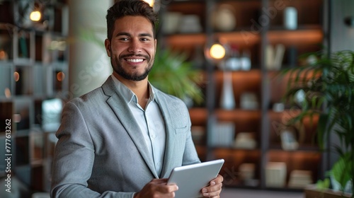 cheerful latin business man executive smiling while using tablet at corporate office, professional success