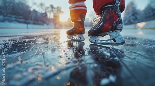 hockey player practicing on stadium ice rink, close-up shot showcasing athlete's dedication and precision photo