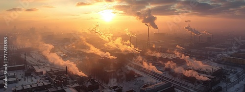 vast industrial landscape marred by heavy pollution from a large factory, environmental impact assessment underway photo