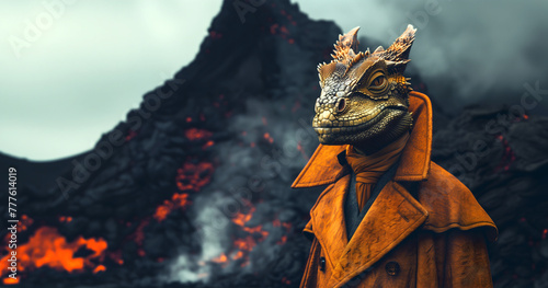 Creative animal concept. Dragon in luxury lush coat outfits isolated on natural wildlife volcano fiery nature habitat background. advertisement, copy text space 